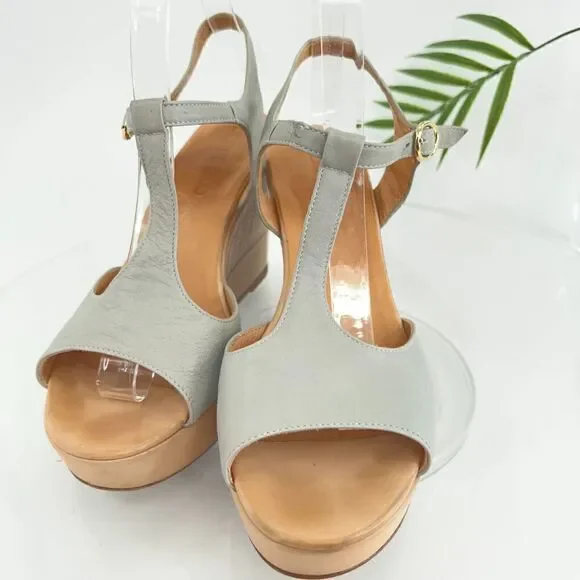 Pomme D'or Sandals Women's Size 39 8 Blue Gray Leather T-Strap Platform Wedge - Picture 7 of 16